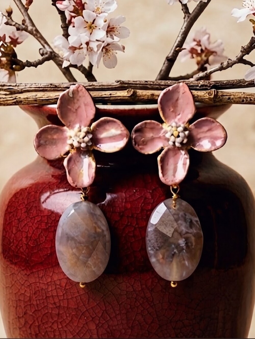 Handpainted Dusty Pink Flowers & Pink Candy Jade In Chunky Gold Plated Earrings